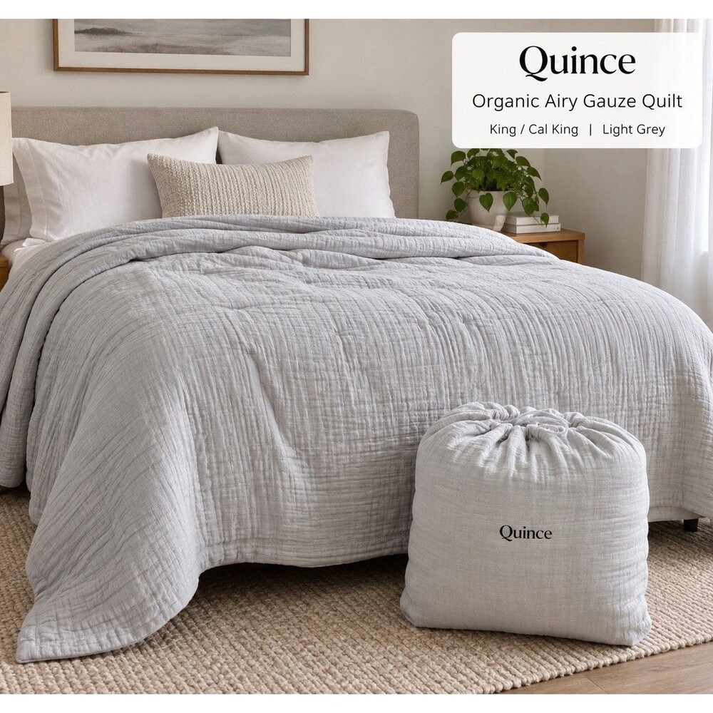 (A6) Quince Organic Airy Gauze Dream Quilt King Cal King Light Grey Cotton
